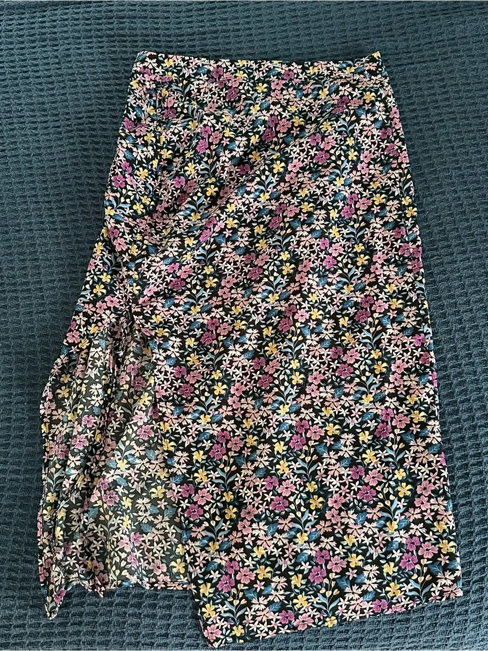 SHEIN Black Midi Skirt with Pink, Yellow & Blue Floral Print - Picture 1 of 5